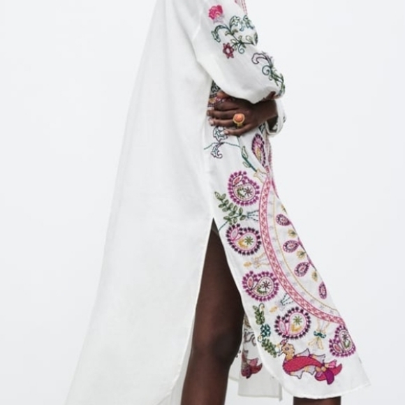 ZARA long sleeves button down embroidered long shirt dress Med  NEW - Picture 9 of 13